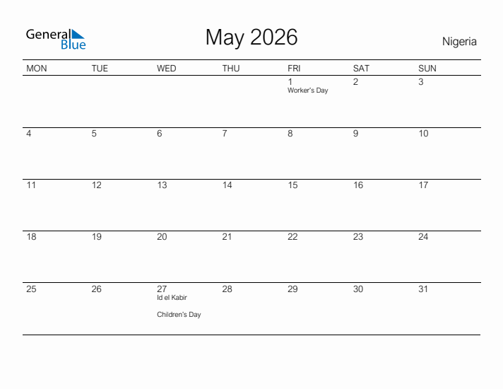 Printable May 2026 Calendar for Nigeria