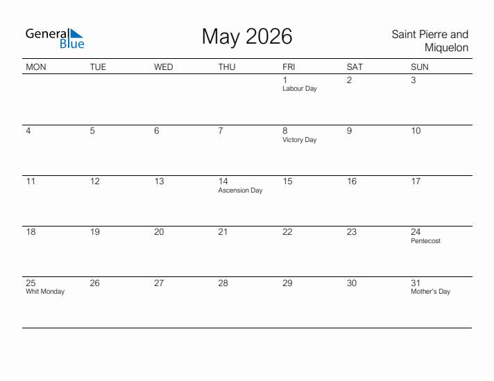 Printable May 2026 Calendar for Saint Pierre and Miquelon