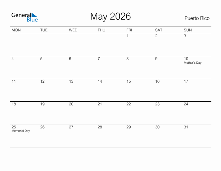 Printable May 2026 Calendar for Puerto Rico