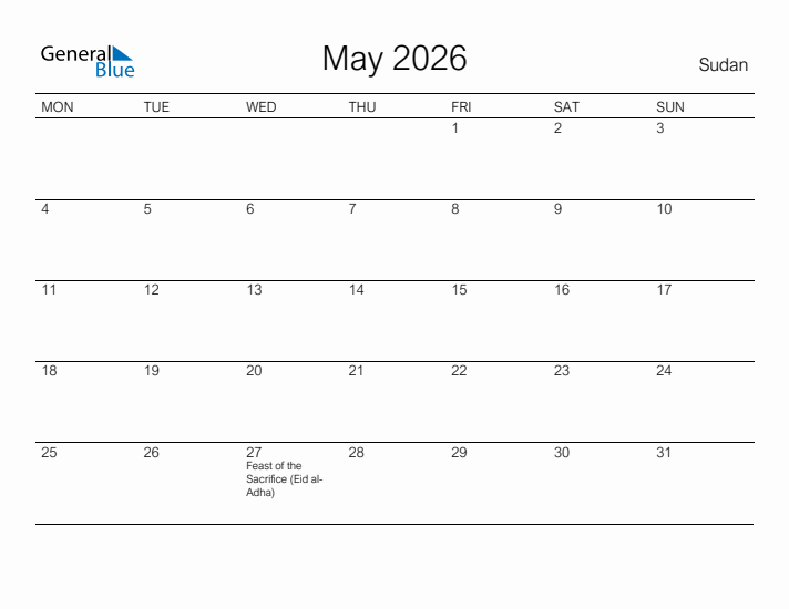 Printable May 2026 Calendar for Sudan