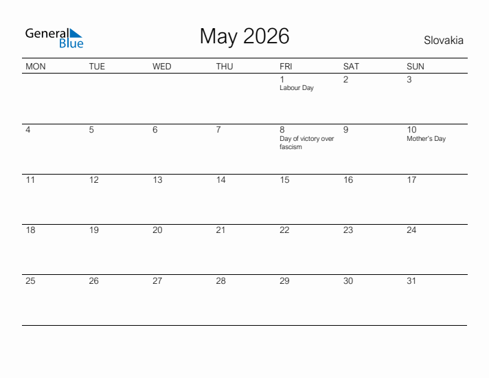 Printable May 2026 Calendar for Slovakia