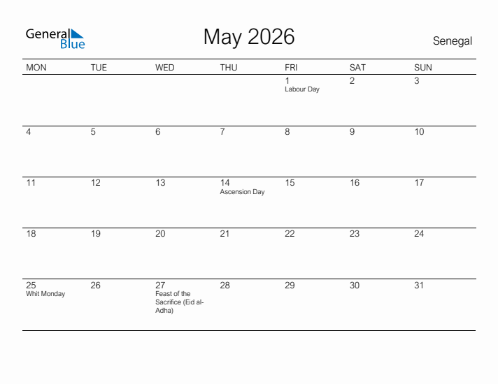 Printable May 2026 Calendar for Senegal