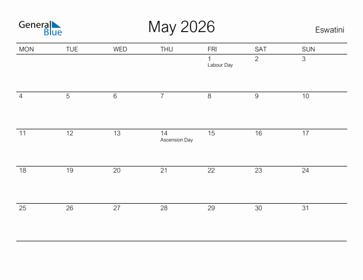 Printable May 2026 Calendar for Eswatini