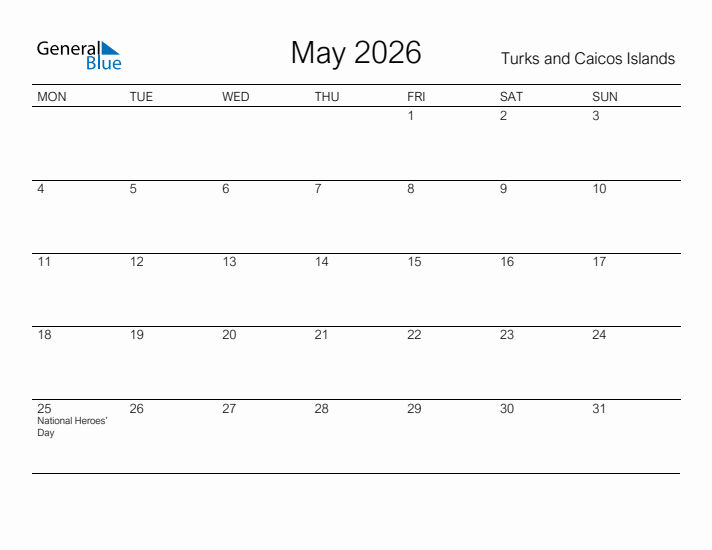 Printable May 2026 Calendar for Turks and Caicos Islands