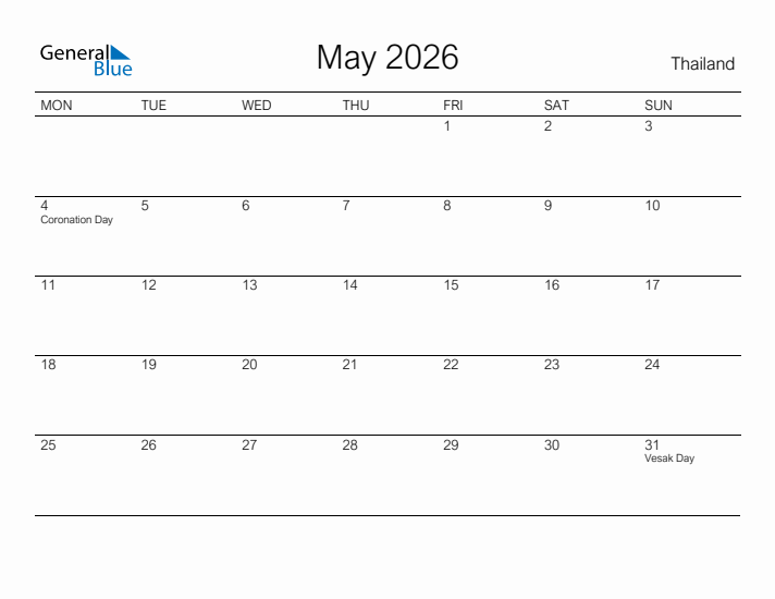 Printable May 2026 Calendar for Thailand