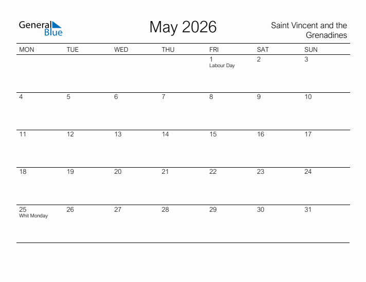 Printable May 2026 Calendar for Saint Vincent and the Grenadines
