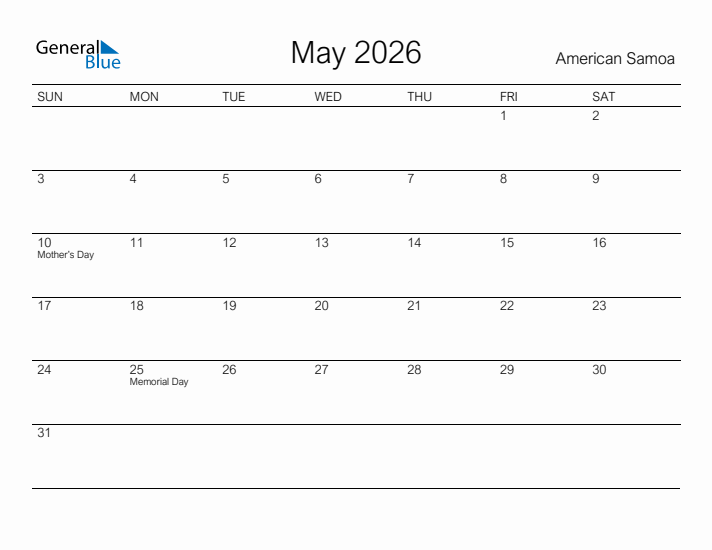 Printable May 2026 Calendar for American Samoa