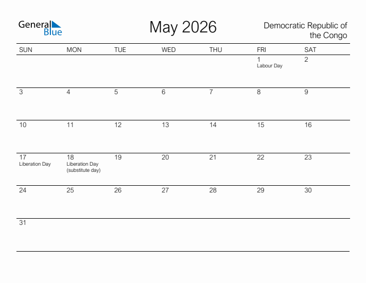 Printable May 2026 Calendar for Democratic Republic of the Congo