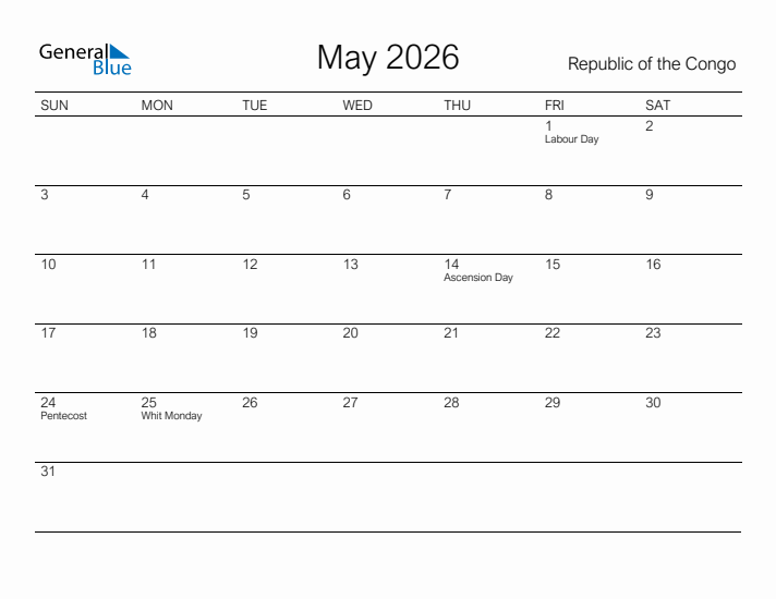 Printable May 2026 Calendar for Republic of the Congo