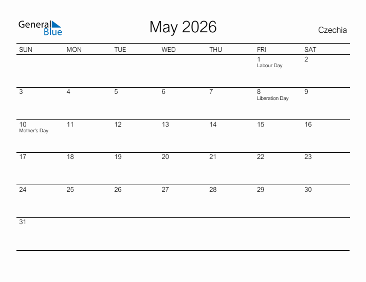 Printable May 2026 Calendar for Czechia