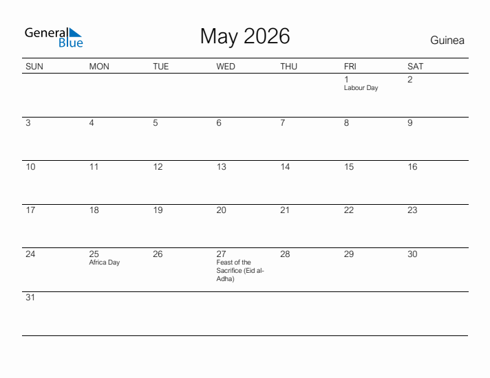 Printable May 2026 Calendar for Guinea
