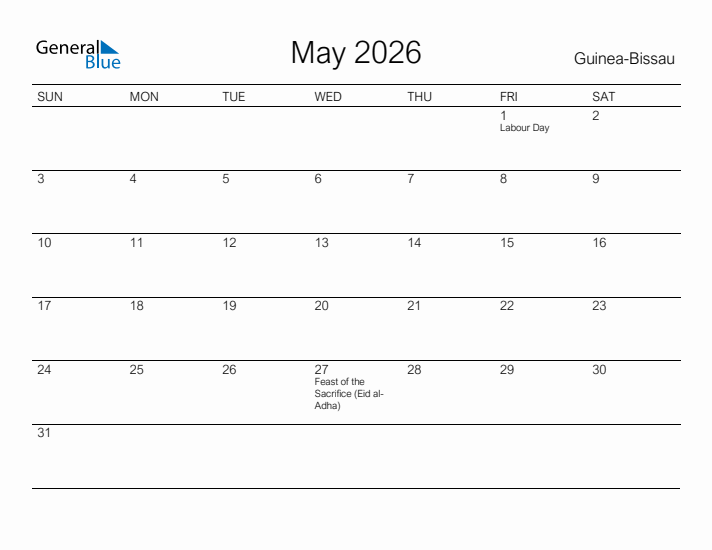 Printable May 2026 Calendar for Guinea-Bissau