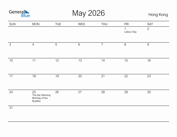 Printable May 2026 Calendar for Hong Kong