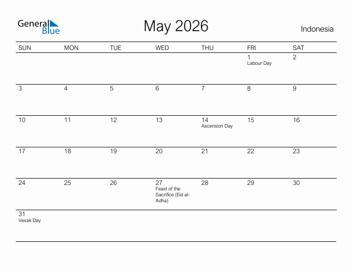Printable May 2026 Calendar for Indonesia