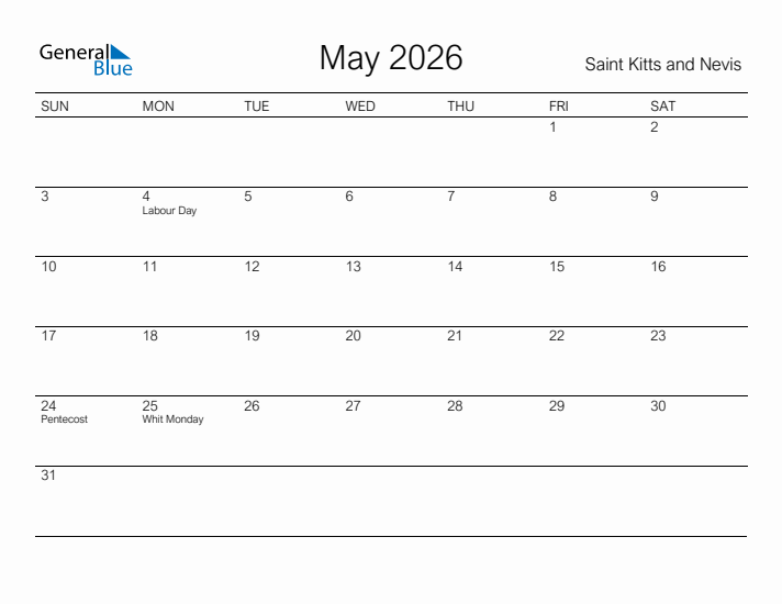 Printable May 2026 Calendar for Saint Kitts and Nevis