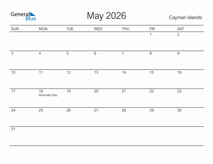 Printable May 2026 Calendar for Cayman Islands