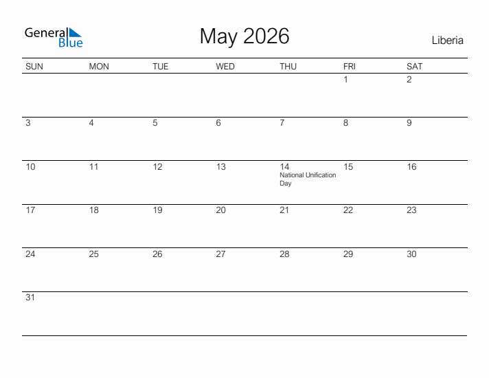 Printable May 2026 Calendar for Liberia