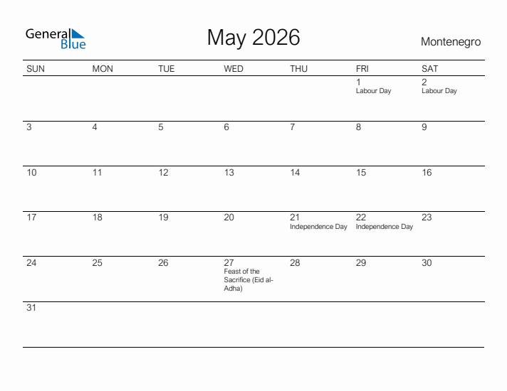 Printable May 2026 Calendar for Montenegro