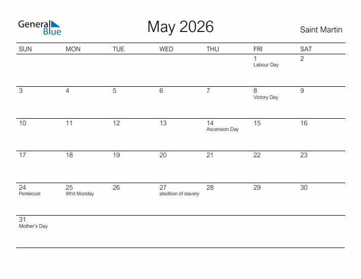 Printable May 2026 Calendar for Saint Martin