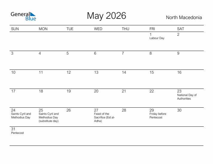 Printable May 2026 Calendar for North Macedonia