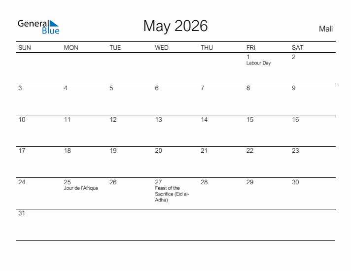 Printable May 2026 Calendar for Mali