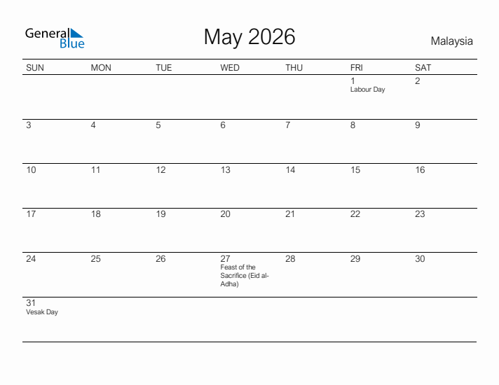 Printable May 2026 Calendar for Malaysia