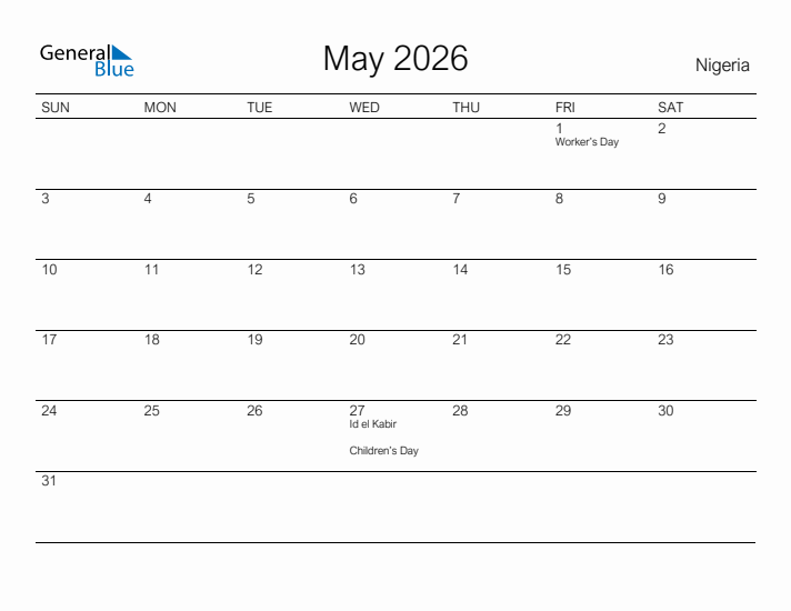 Printable May 2026 Calendar for Nigeria