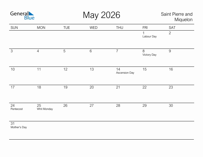 Printable May 2026 Calendar for Saint Pierre and Miquelon