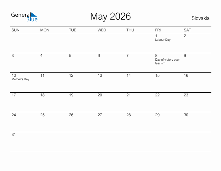 Printable May 2026 Calendar for Slovakia