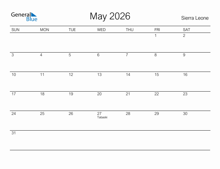 Printable May 2026 Calendar for Sierra Leone