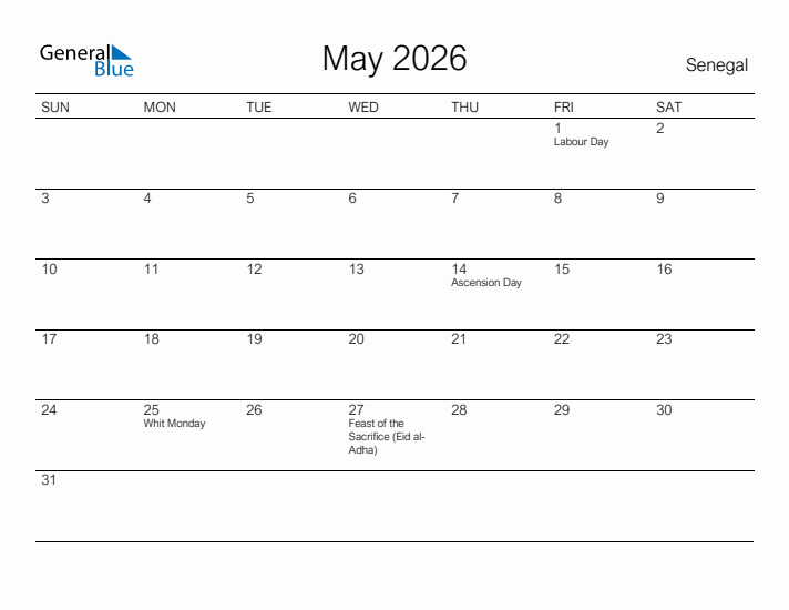 Printable May 2026 Calendar for Senegal