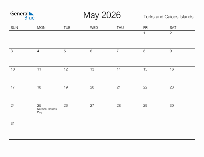 Printable May 2026 Calendar for Turks and Caicos Islands