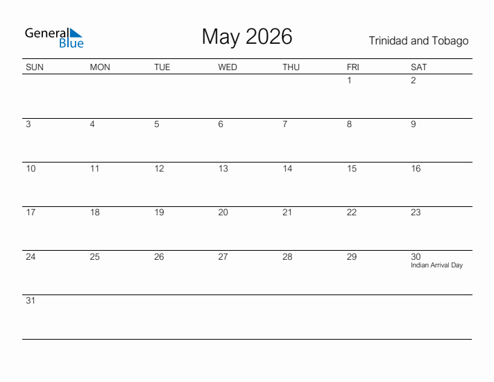 Printable May 2026 Calendar for Trinidad and Tobago