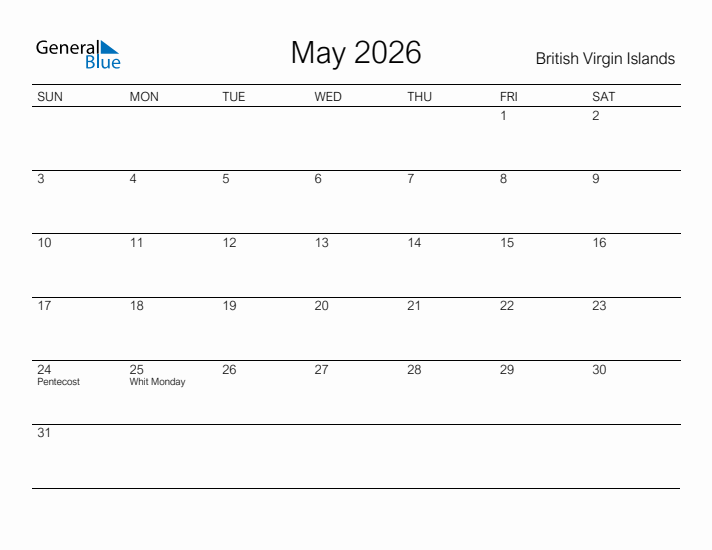 Printable May 2026 Calendar for British Virgin Islands