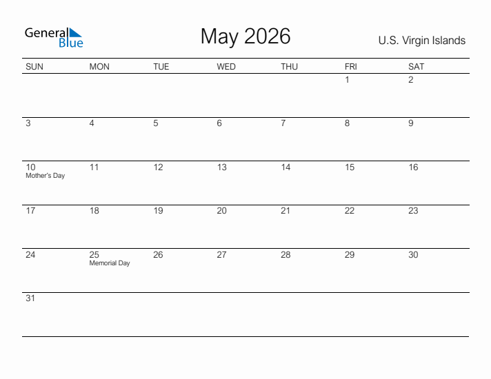 Printable May 2026 Calendar for U.S. Virgin Islands