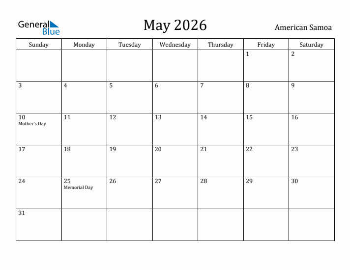 May 2026 Calendar American Samoa
