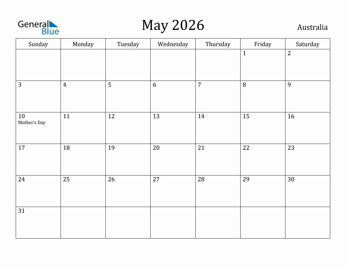 May 2026 monthly calendar with holidays in Australia