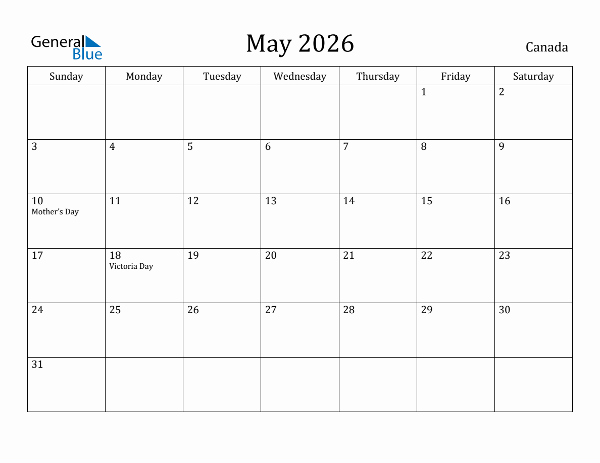 May 2026 monthly calendar with holidays in Canada