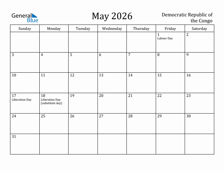 May 2026 Calendar Democratic Republic of the Congo