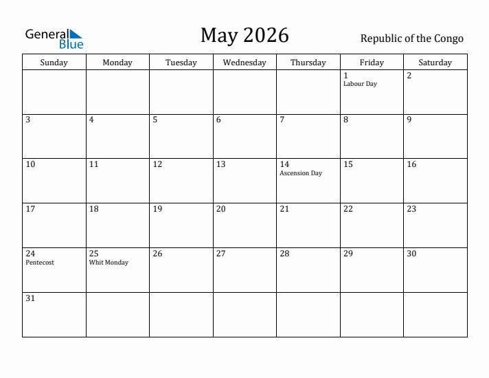 May 2026 Calendar Republic of the Congo
