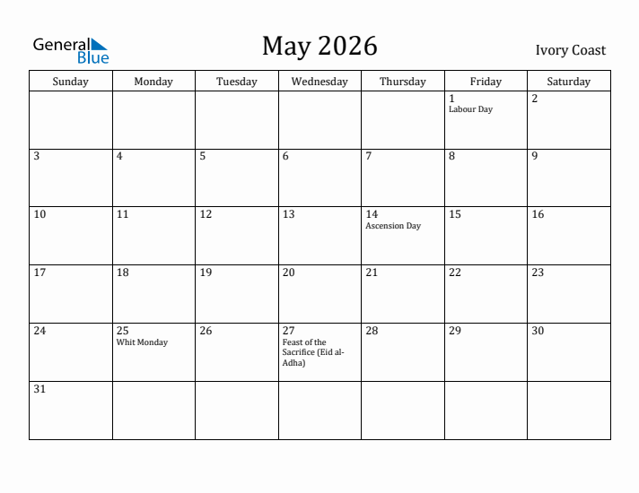 May 2026 Calendar Ivory Coast