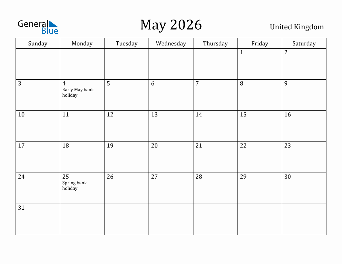 May 2026 monthly calendar with holidays in United Kingdom