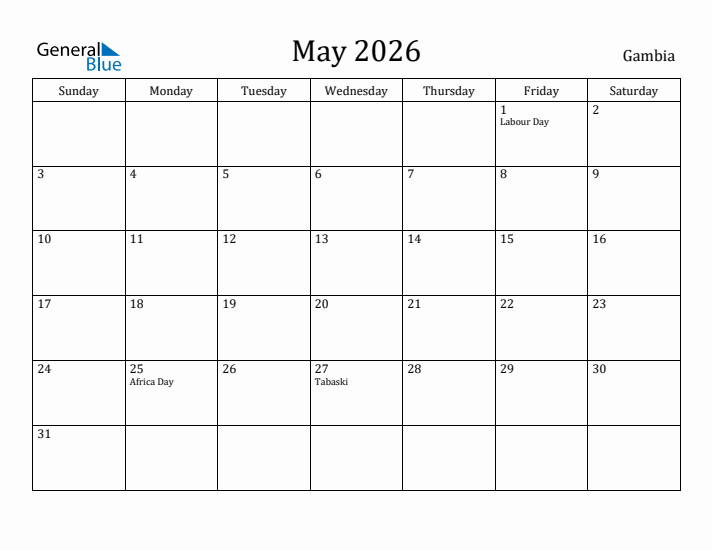 May 2026 Calendar Gambia