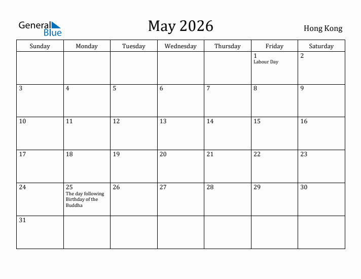 May 2026 Calendar Hong Kong