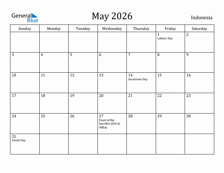 May 2026 Calendar Indonesia