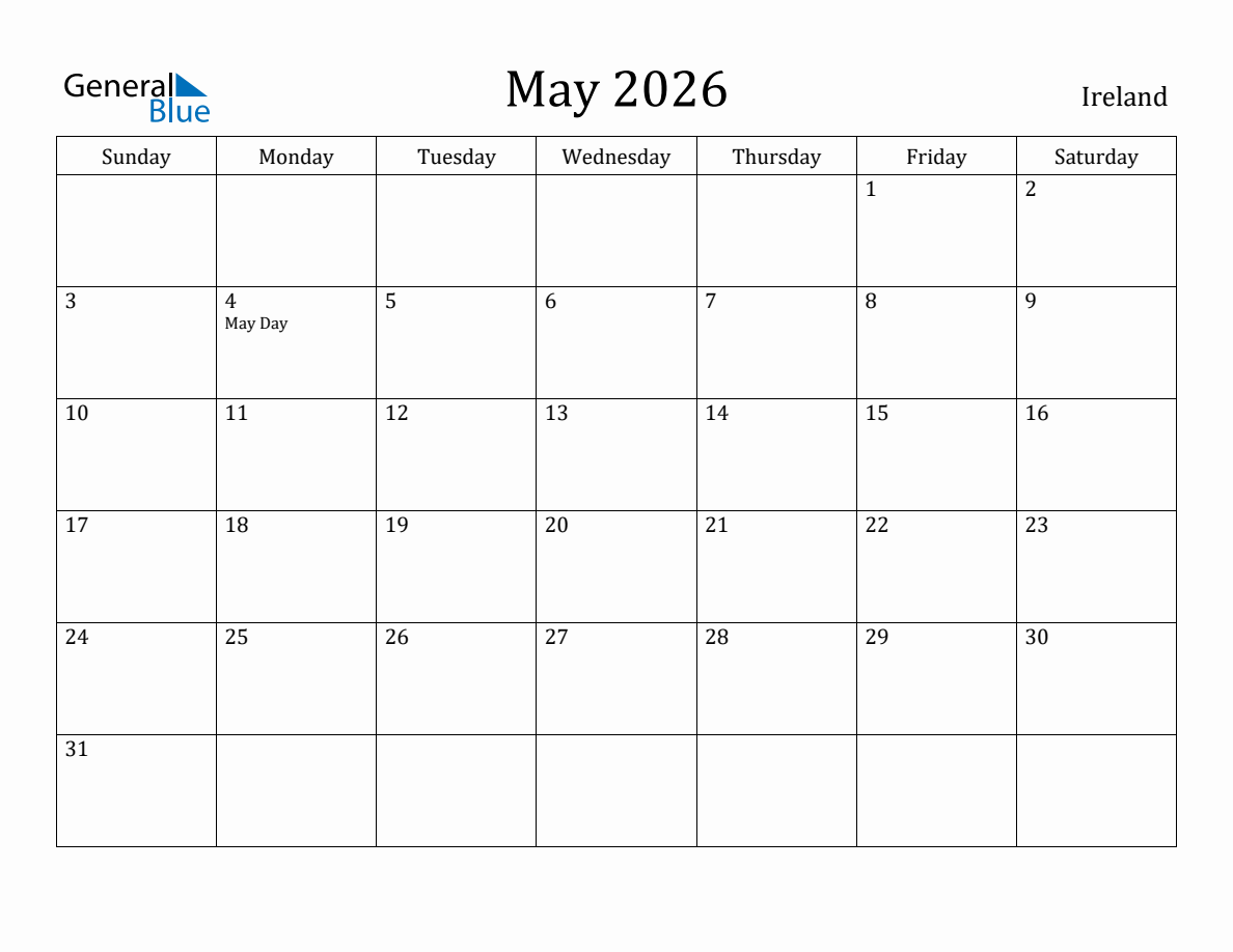 May 2026 monthly calendar with holidays in Ireland