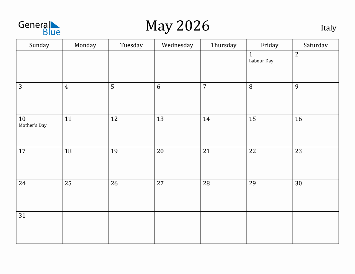 May 2026 monthly calendar with holidays in Italy