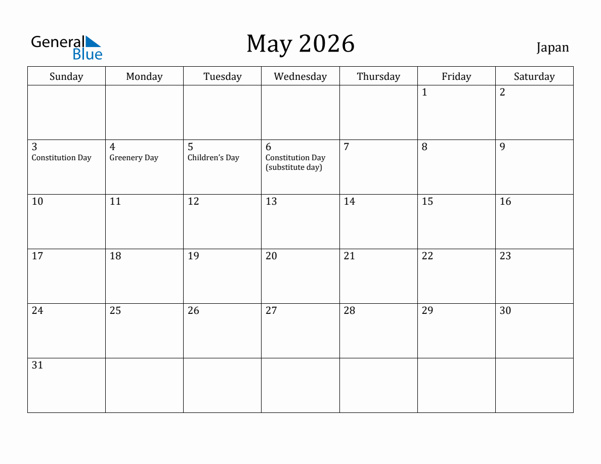 May 2026 monthly calendar with holidays in Japan