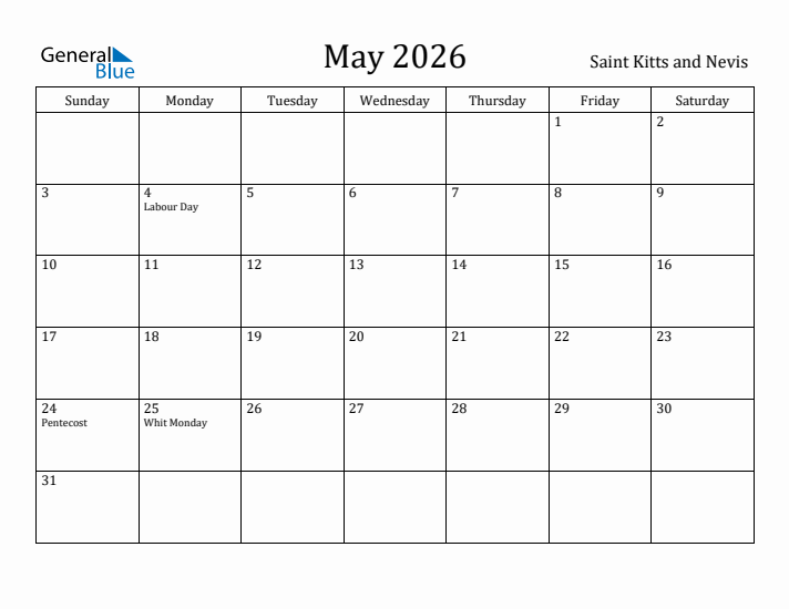 May 2026 Calendar Saint Kitts and Nevis