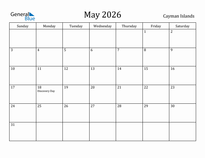 May 2026 Calendar Cayman Islands